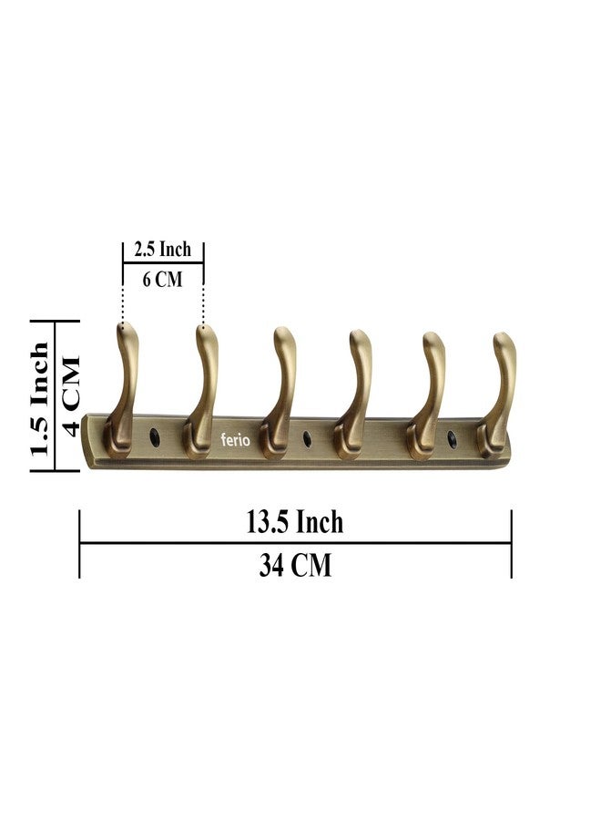 FERIO Zinc 6 Pin Hook Cloth Hanger Door Wall Hooks Rail for Hanging Clothes, Bathroom Cloth Hooks Hanger Door Wall Bedroom Bathroom Robe Hook (Pack of 2, Brass Antique, 6 Hook) - Image 2
